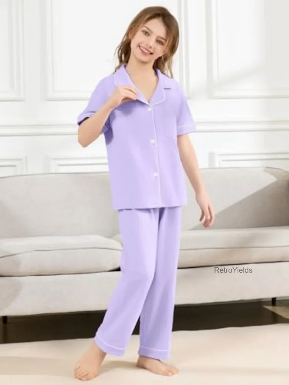 Girls Cotton Stretch Pajama Set 3 Piece Button Down Short Sleeve Sleepwear
